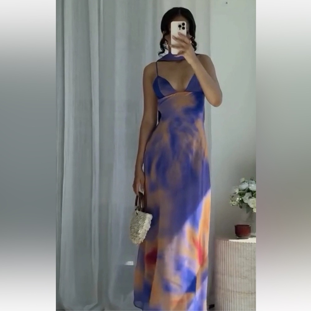 ZARA FOULARD PRINT TULLE LONG HALTER DRESS - Picture 1 of 10